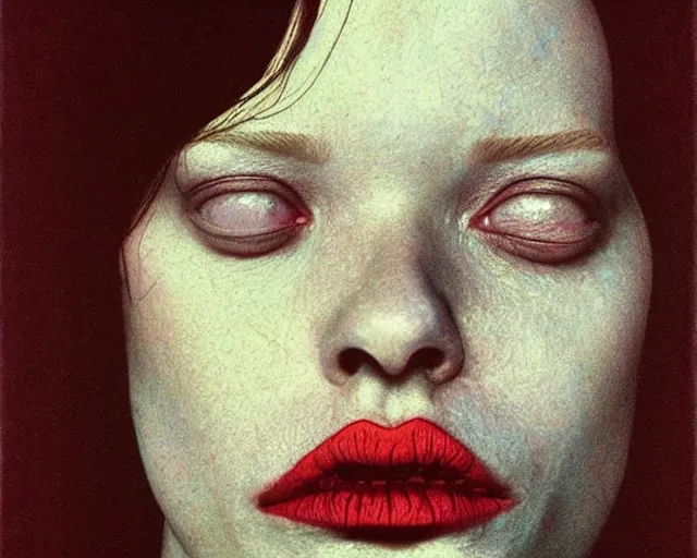 Image similar to by francis bacon, beksinski, mystical redscale photography evocative lips. kat dennings uma thurman christina hendricks tilda swinton