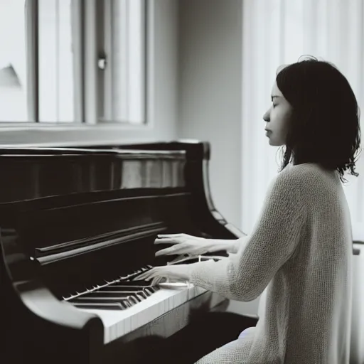 Image similar to a beautiful photo of a sad woman playing piano looking at the camera