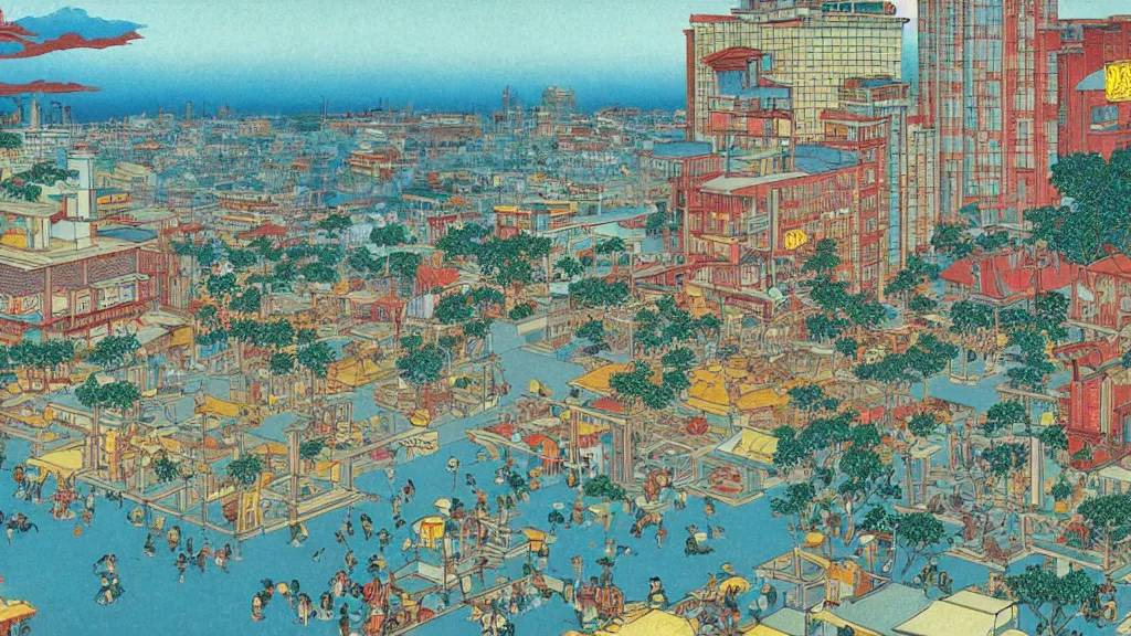 Prompt: Jollibee City, cityscape, wide shot, illustration, by Moebius, Renoir, Hokusai