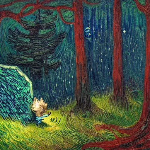 Image similar to sad painting of detailed realistic sonic the hedgehog in the woods at night, in the style of studio ghibli and moebius and claude monet and edward hopper and vincent van gogh