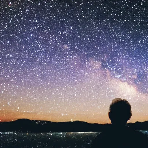 Prompt: man looking at the pattern with dots in the night sky