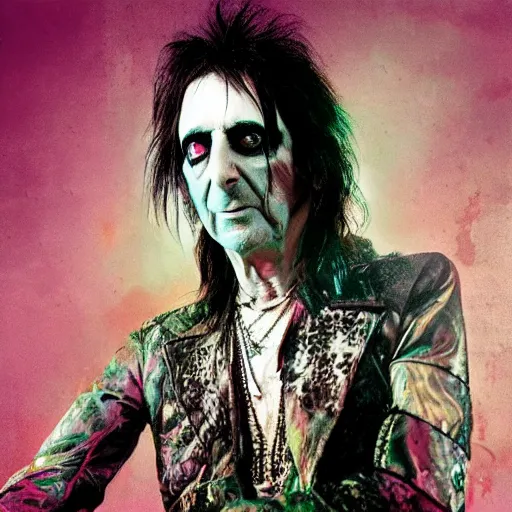 Image similar to alice cooper, portrait, obscure render, aesthetic, gaudy colors, matte painting