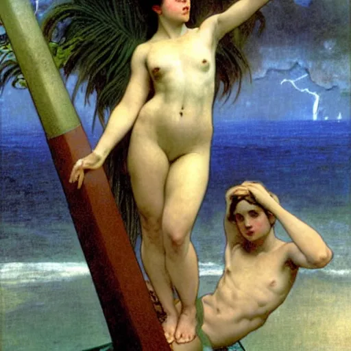 Image similar to Demon girl at the giant column, thunderstorm, greek pool, beach and palm trees on the background major arcana sky, by paul delaroche, alphonse mucha and arnold böcklin arnold böcklin hyperrealistic 8k, very detailed