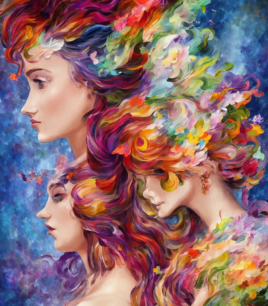 Image similar to a colorful and provenance illustrations painting of the fantasy female who with floral wing, highly detailed, her hair made of hair made of air wind and curling smoke, mist, dust, genie, spirit fantasy concept art, art by afremov and leonid, trending on artstation.