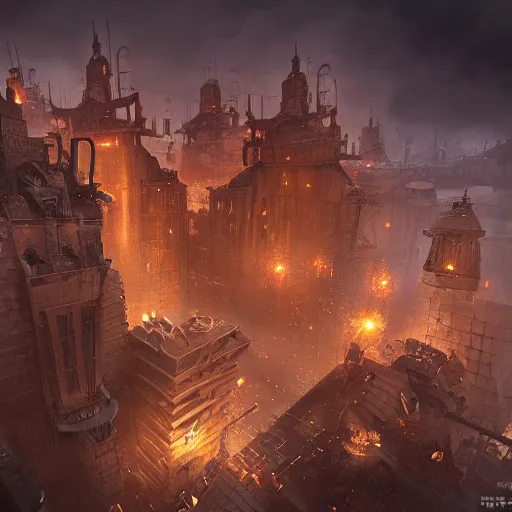 Image similar to a giant steampunk fortress, explosive storm, extremely detailed, behrens style, unreal 5 render, fantasy digital art, octane render, beautiful composition, trending on artstation, award - winning photograph, masterpiece