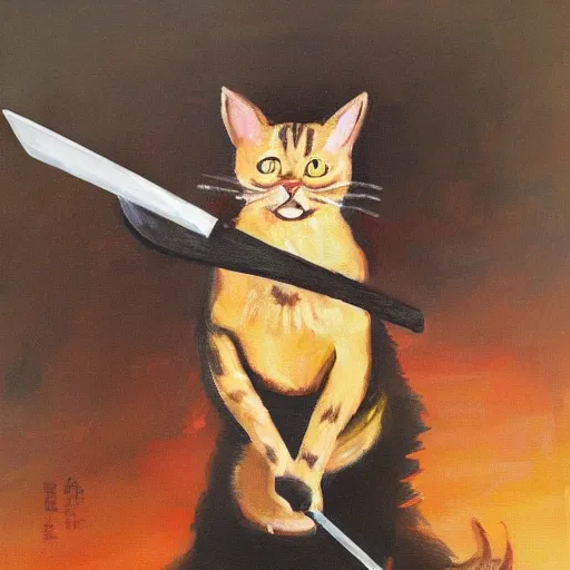 Prompt: cat swordman, brush strokes, oil painting