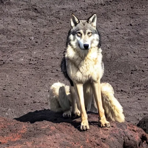 Prompt: a photo of a wolf standing next to molten lava