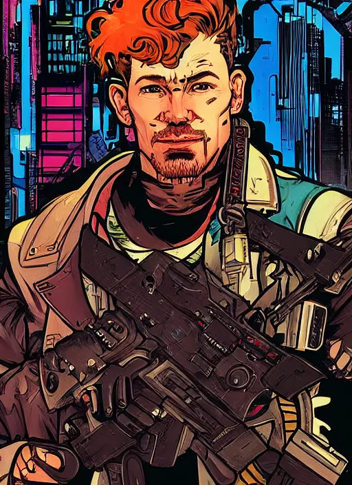 Image similar to vernon. buff cyberpunk mercenary. portrait illustration, pop art, splash painting, art by ashley wood, alphonse mucha, laurie greasley and josan gonzales ( apex legends )