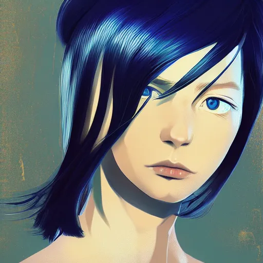 Image similar to ilya kuvshinov with long sky blue hair, gold eyes, boy face, professional digital painting, concept art, award - winning photography, cinematic, wlop, color block, pop, hip, art by andy warhol, pixiv art, yoshitaka amano