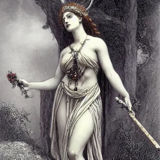 Prompt: beautiful gorgeous Persephone with the prettiest eyes the world has seen with a spear in her hand, goddess of life and death, painting by gustave dore. Colored painting.