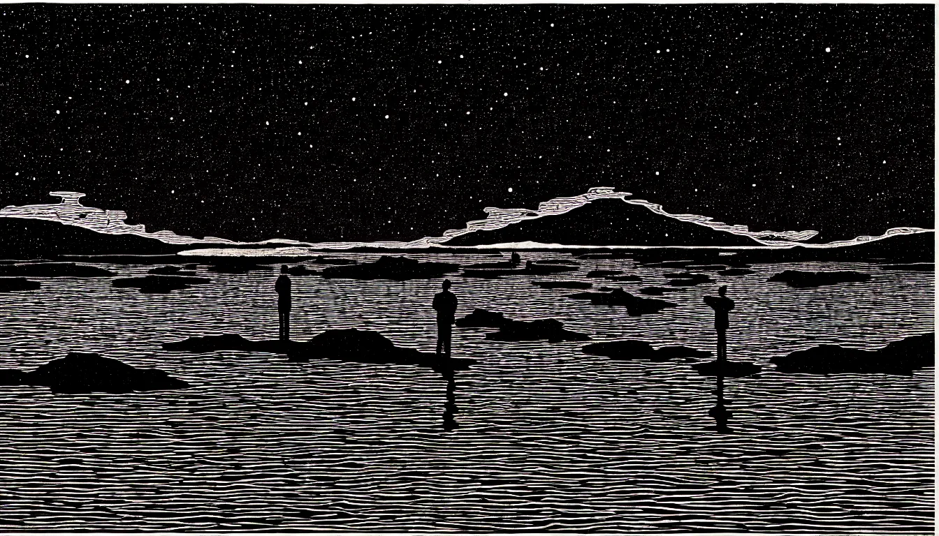 Image similar to standing in a lake viewing reflection of the night sky by dan mumford and peter doig and edward hopper, symmetrical, minimal, black ink, thick lines highly detailed, muted colours 8 k