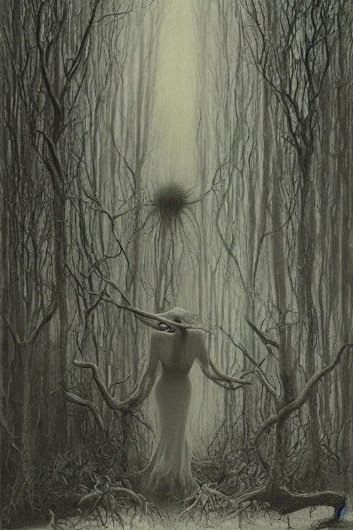 Image similar to zdzisław beksinski painting. a witch in the woods