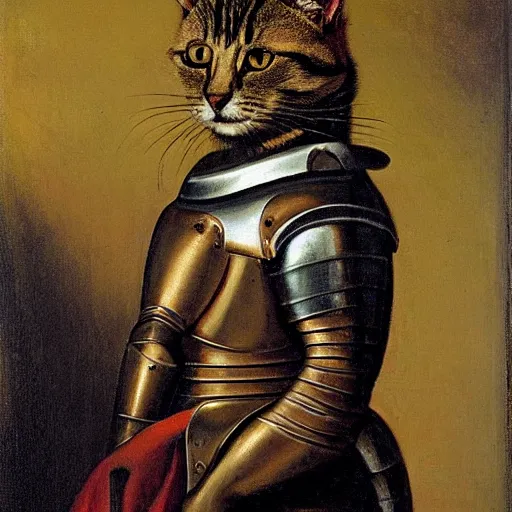 Prompt: portrait painting of a cat dressed as knight with heavy metal armor by George Stubbs, renaissance painting, oil painting, old master