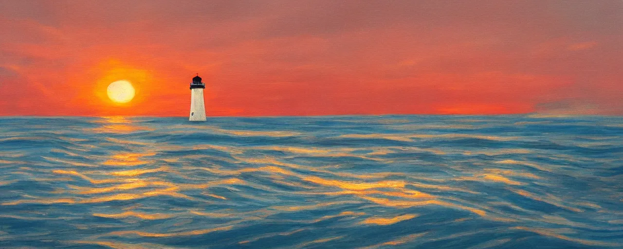 Prompt: A painting of a white lighthouse by the ocean at sunset