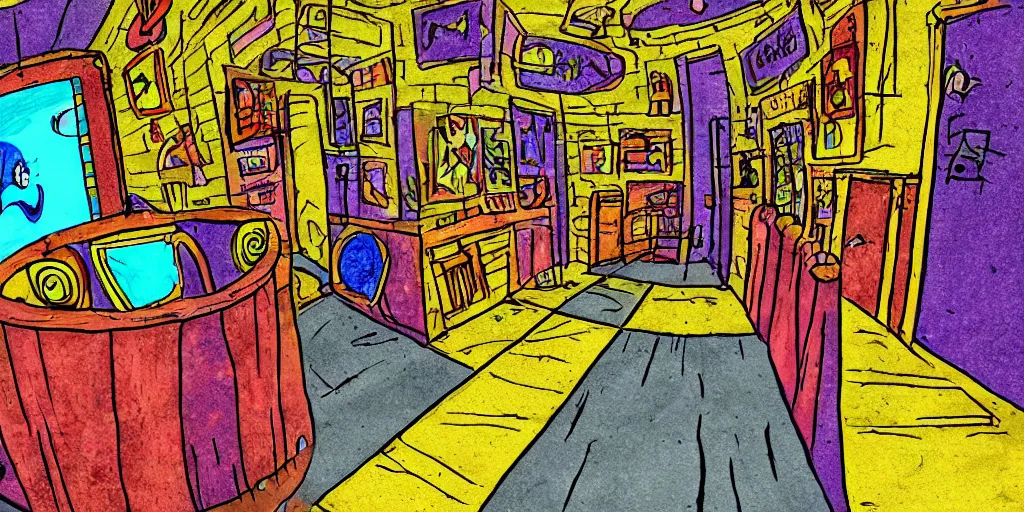 Image similar to a colorful dimly lit, theater access corridor, 3 doors, 1 staircase, day of the tentacle style, fish eye, drawn by Scott C