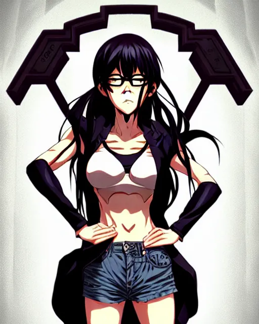 Image similar to style of madhouse studio anime, rei hiroe black lagoon manga, loish, artgerm, joshua middleton comic art, portrait of revy from black lagoon, symmetrical eyes and symmetrical face, jean shorts, white tank top, waist up, sarcastic evil smirk on face, natural lighting