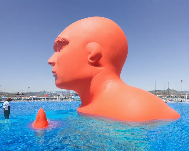 Prompt: a long shot of a giant award winning sculpture made out of a lot of inflatable pool toys in the shape of a human head, on the surface of the ocean, in the style of chad knight, hyper detailed, hyper realistic, ray tracing, 8 k resolution, sharp focus, realistic water