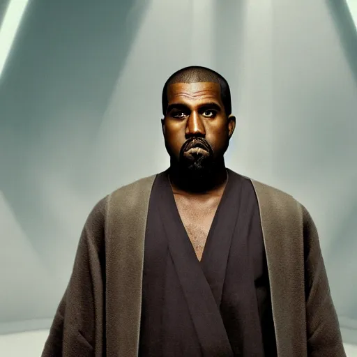 Image similar to Portrait of Kanye West as a jedi in Star Wars, holding lightsabre. splash art, cinematic lighting, dramatic, octane render, long lens, shallow depth of field, bokeh, anamorphic lens flare, 8k, hyper detailed, 35mm film grain