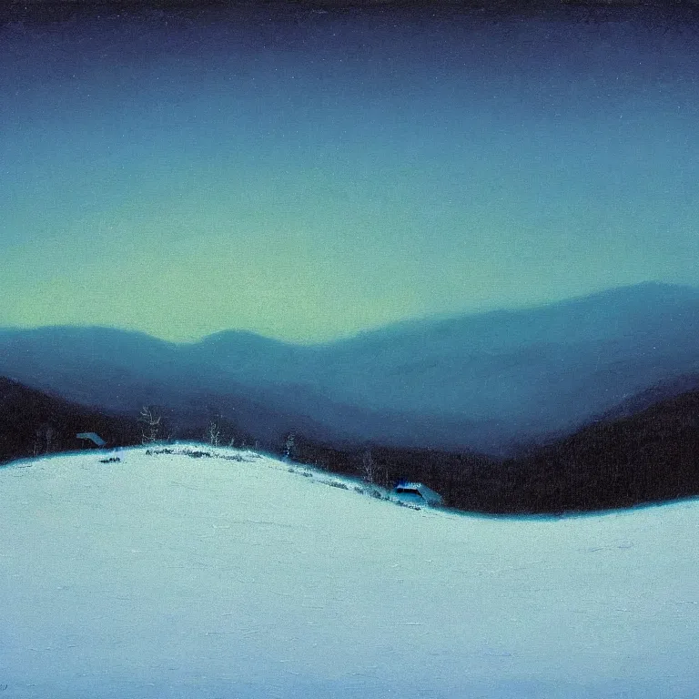 Image similar to new hampshire, mountains, winter, night, luminous, teal palette, arkhip kuindzhi, glaze oil painting, christian mysticism