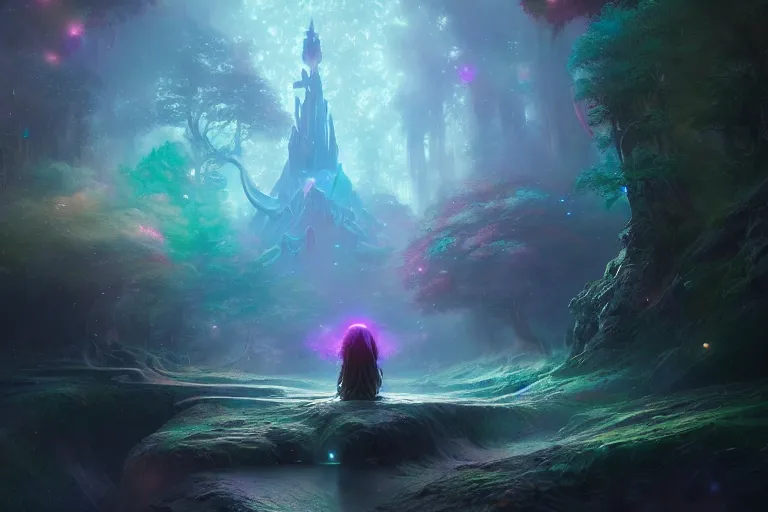 Prompt: a psychedelic realm hidden away in a pocket of ethereal understanding, astral beings sharing love, in the style of greg rutkowski, and wlop, and lisa frank, and bob ross, and ruan jia, illustration, epic, fantasy, hyper detailed, smooth, unreal engine, sharp focus, ray tracing