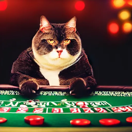 Image similar to fat mobster cat gambling at a poker table single light overhead smokey photo