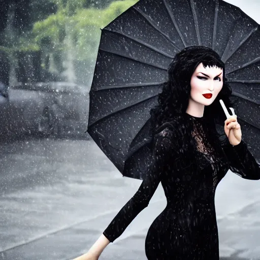 Image similar to morticia addams holding a parasol during a [ humid, rainy day ] as she saunters across the city, closeup!!!, photorealistic facial features, trending on artstation, 4 k photorealism, unsplash, shot by jimmy nelson