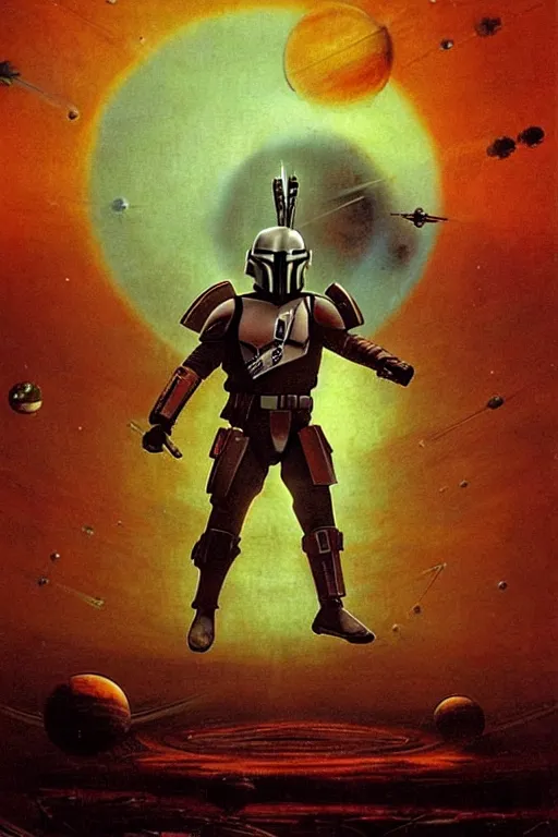 Image similar to backlit dramatic cinematic mandalorian powerful pose by beksinski on a backlit background with destroyed planets , x-wing and atomic bomb explosion, backlight