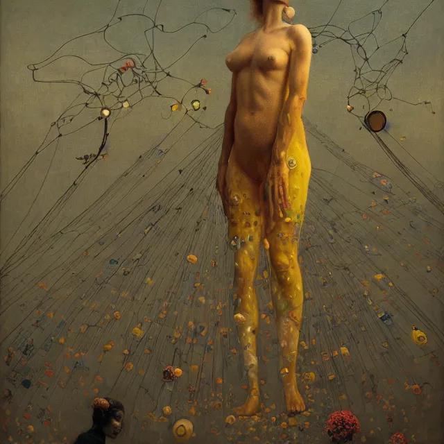 Image similar to A portrait of a woman wearing clothes made out of thunder clouds and flowers, silhouettes of people floating in the air in the background, apocalypse, yellow skin, Masterpiece, glowing, wires everywhere, by Edgar Maxence and Ross Tran, Zdzisław Beksiński, and Michael Whelan, distant, gustav dore, H.R. Giger, 8k, octane render