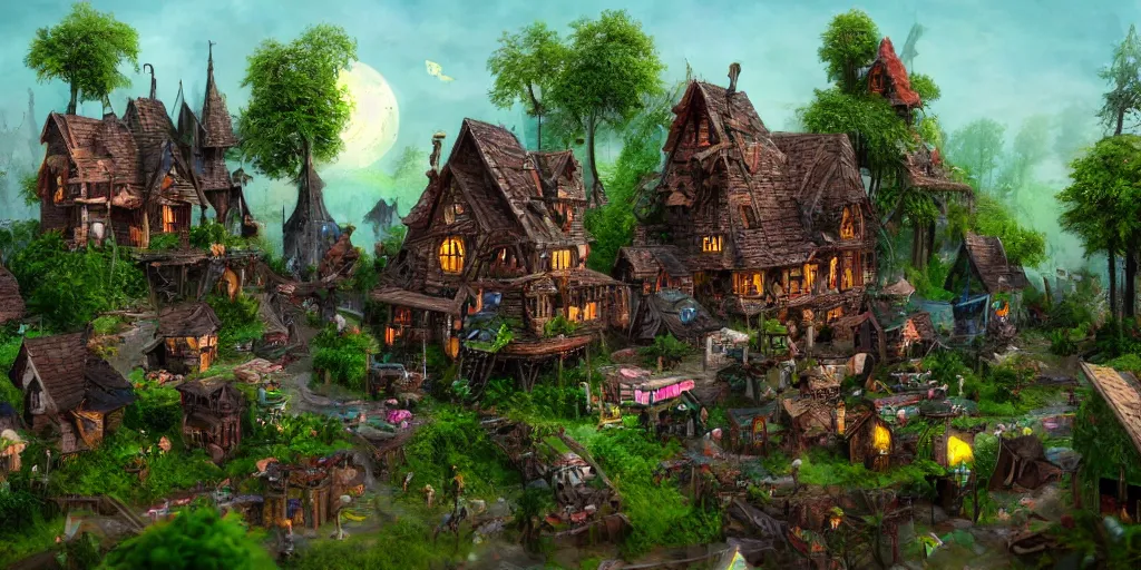 Image similar to Fantasy village built on PC motherboard, trees, green plants, broken parts, wooden houses, mold, tiny villagers, PC hardware, high quality, trending on artstation, highly detailed