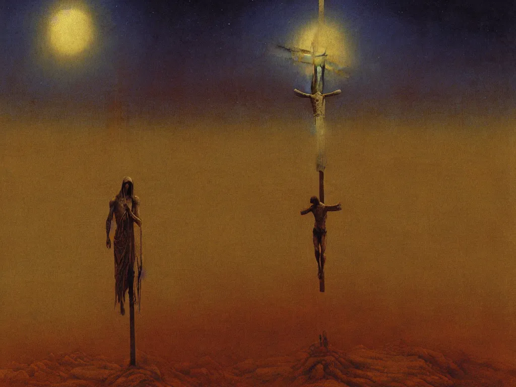 Prompt: jesus christ crucifixion in distance on an alien planet by beksinski, wide angle, beksinski monsters around, fantasy, scary, award winning 8k high detail highly detailed