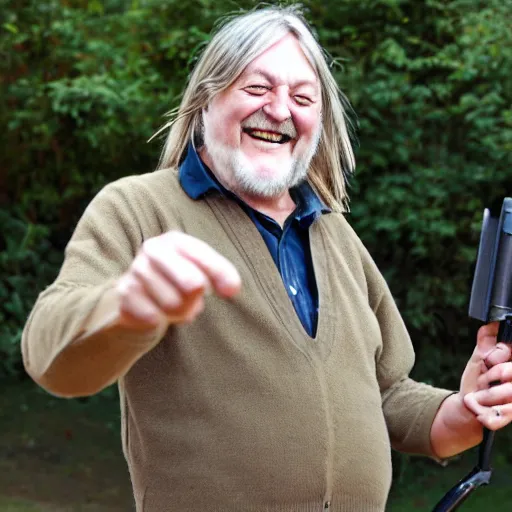 Image similar to robert wyatt laughing maniacally and pointing a gun directly at the camera