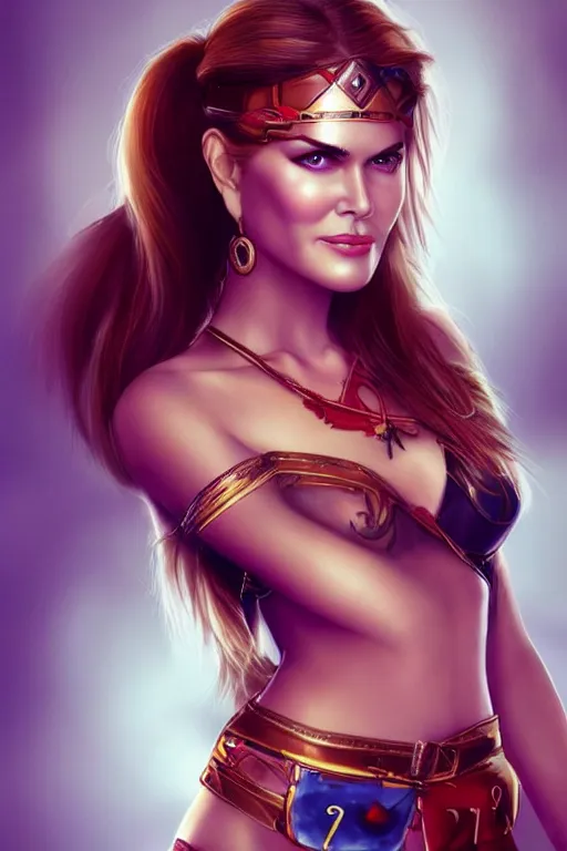 Image similar to mix of beautiful young maria shriver, mariel hemmingway, brooke shields, nicole kidman and elle macpherson as a young amazon warrior, thin lips, hair tied up in a pony tail, dark blonde hair, colorful, artstation, cgsociety