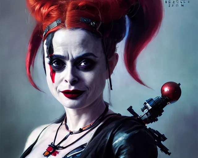 Image similar to highly detailed portrait of helena bonham carter as harley quinn, in batman : arkham knight, stephen bliss, unreal engine, fantasy art by greg rutkowski, loish, rhads, ferdinand knab, makoto shinkai and lois van baarle, ilya kuvshinov, rossdraws, tom bagshaw, global illumination, radiant light, detailed and intricate environment