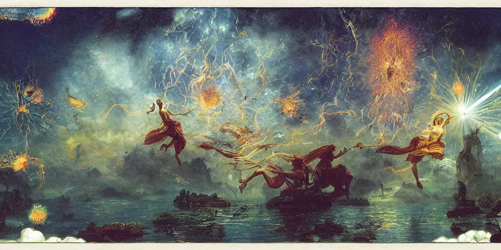 Image similar to magical tarot cards floating in the midst of magical explosions, intricate details, epic scale, 8 k, sharp focus, by caspar friedrich, albert bierstadt, james gurney, brian froud,