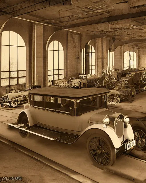 Image similar to interior of historic large factory with luxury cars of 1920s, volumetric lighting, sepia tones, hyper realism, high detail, octane render, high contrast , 8k