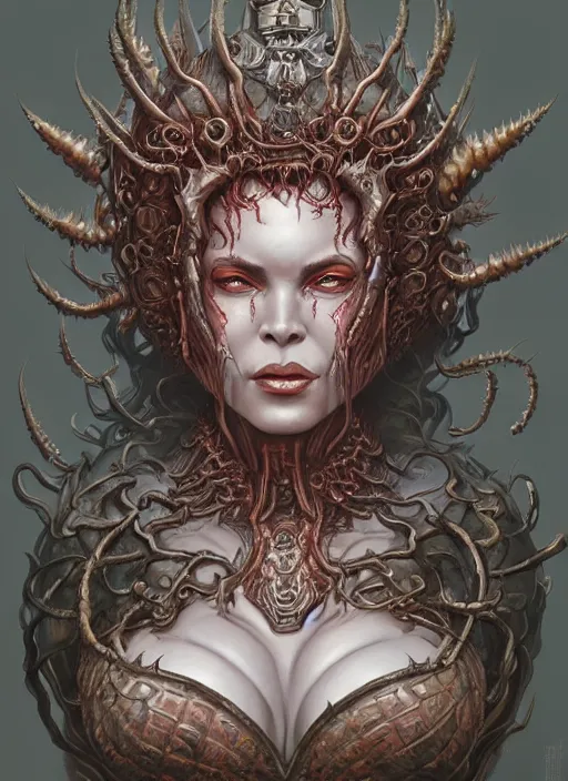 Prompt: a hyper detailed face portrait of the queen of blades smiling, diablo 4 lilith, by yusuke murata, by hiroya oku, by dorian cleavenger, by tom bagshaw, by zdzisław beksinski, trending on artstation