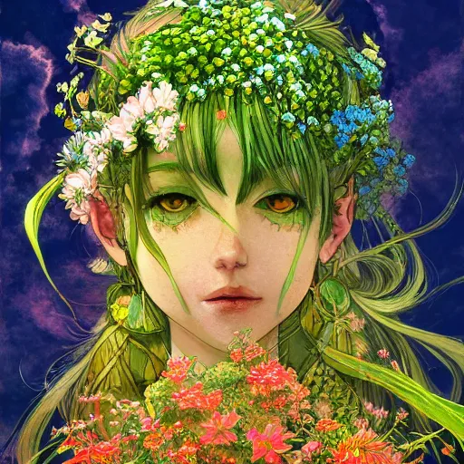 Image similar to goddess of plant medicine detailed painting by akihiko yoshida, vivid saturated colors, trending on artstation