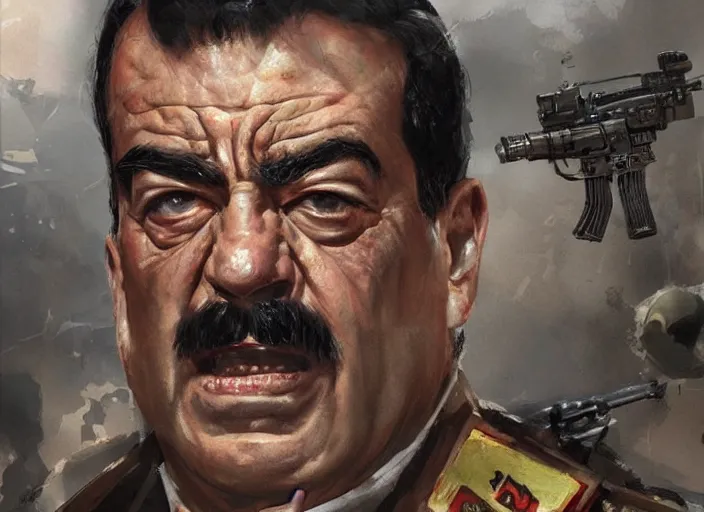 Image similar to saddam hussein as t - 8 0 0 terminator, art by greg rutkowski,