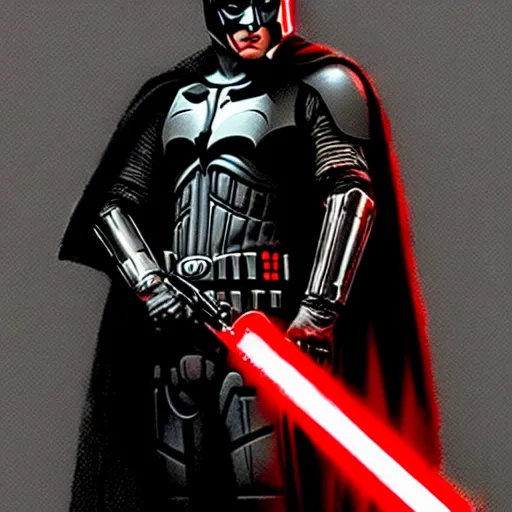 Prompt: the dark knight holding a red lightsaber, highly detailed, extremely realistic, dark, digital painting, concept art, intricate, elegant, art by greg rutkowski