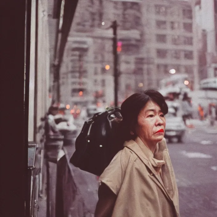 Prompt: medium format film close up portrait of a walking woman in new york by street photographer, 1 9 6 0 s hasselblad film photography, featured on unsplash, soft light photographed on colour vintage film