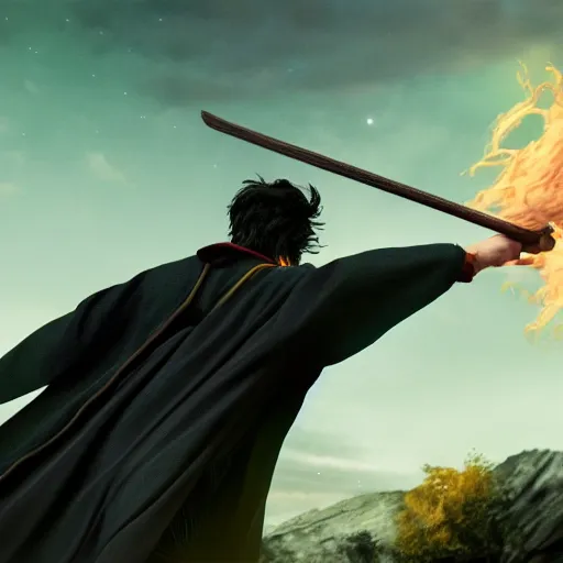 Prompt: Harry potter riding a broomstick, back view, cinematic shot, movie still, nighttime, motion lines, intense scene, movement, vivid colors, crescent moon, Tooth Wu, Asher Duran, Greg Rutkowski, Minor Blur, 8k