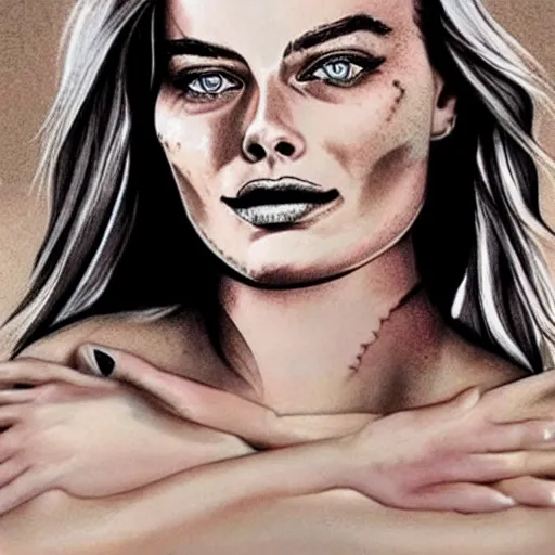 Prompt: face morph tattoo design of margot robbie with beautiful mountain scenery, in the style of chris mataafa, amazing detail
