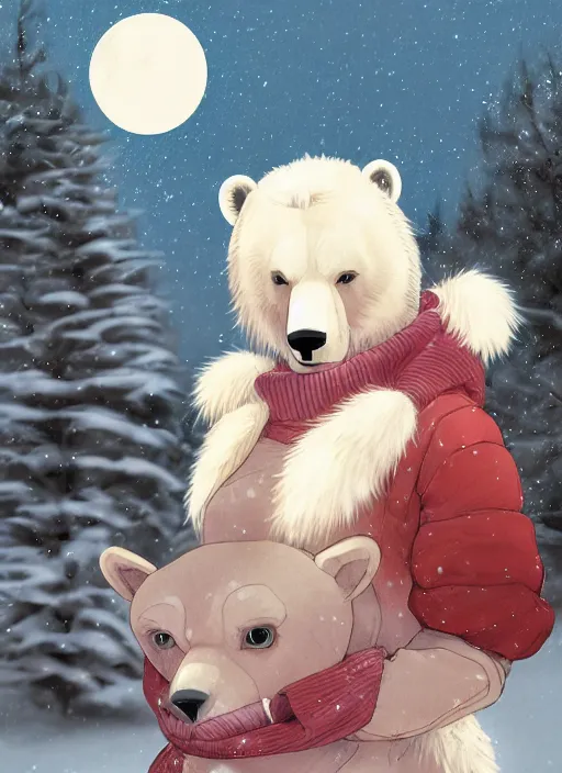 Prompt: character portrait of a female anthro polar bear fursona and a cute beautiful attractive detailed furry face wearing stylish cute winter clothes in a cozy winter cabin at dusk by firelight. hidari, color page, tankoban, 4K, tone mapping, Akihiko Yoshida.