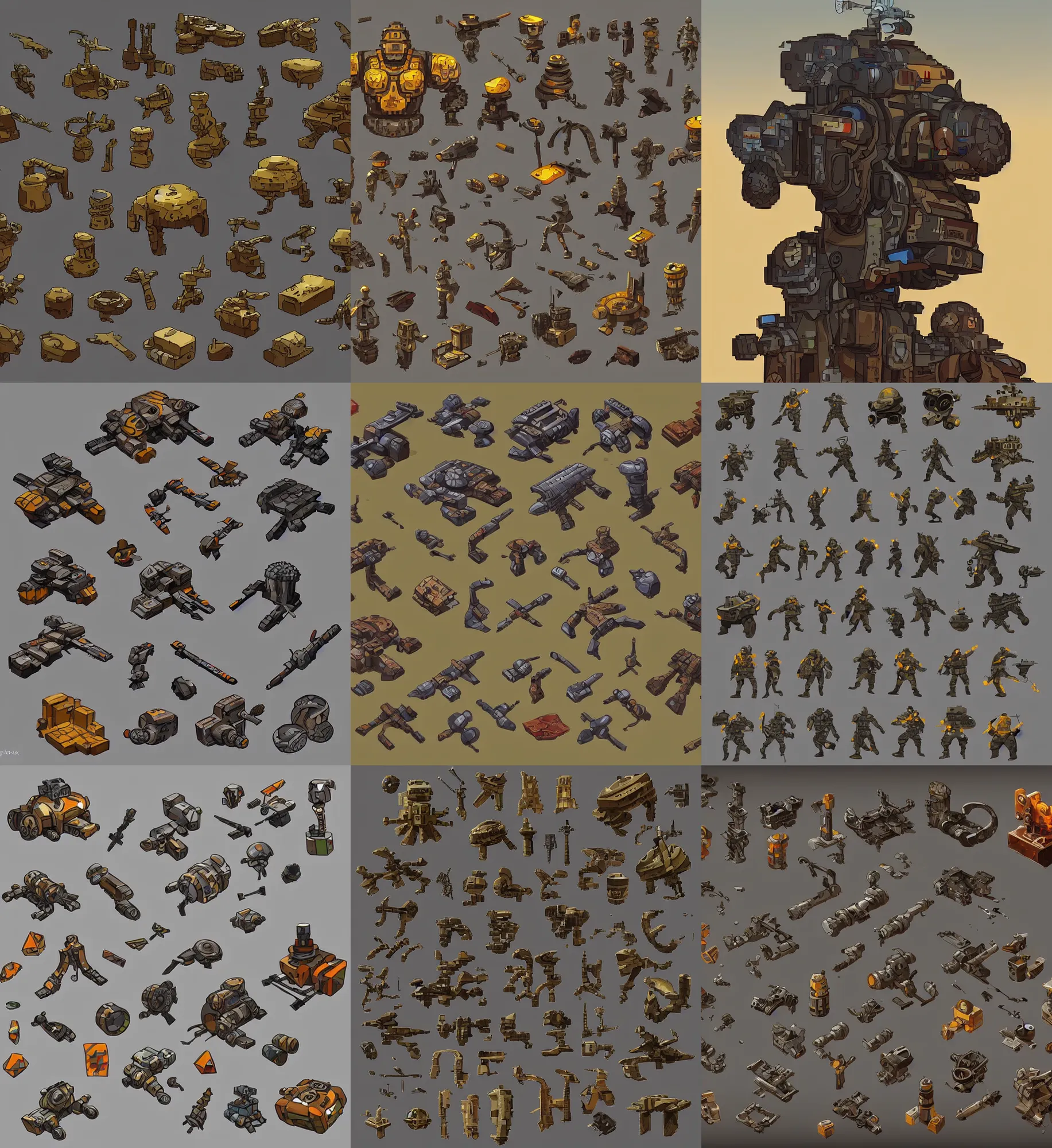 Prompt: game asset of military exploration of shapes and forms, pixel art, in the style of richard schmidbauer, autumn rain turkel, vijay jayant props, stylized, 2 d sprites, kitbash, apex legends, gears of war, brown and grey color scheme, 8 k, close up, artstation, pinterest, deviantart