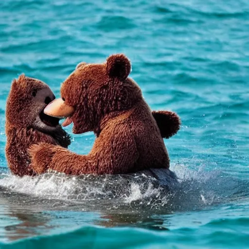 Prompt: photo of teddy bear being eaten by shark