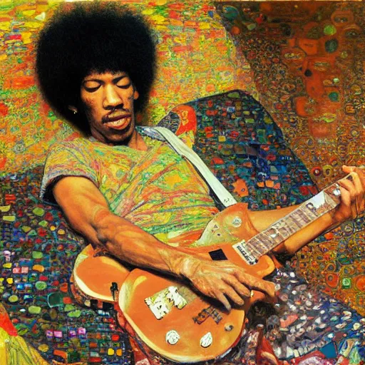 Image similar to Jimy Hendrix playing by Kent Williams and Gustav Klimt