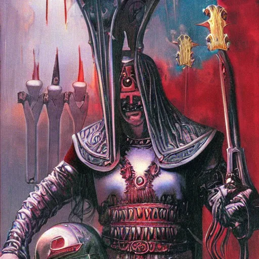 Image similar to Artwork by Clyde Caldwell of The Sanguinary Grail.