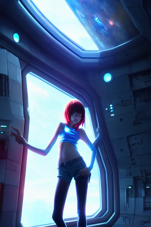 Image similar to a young, slender girl, girl in spaceship, engineering bay, photo realistic, dynamic lighting, artstation, poster, volumetric lighting, 4 k, award winning, a detailed painting by ross tran hyperdetalized, anime | 2 d game art | official art, smooth, cyberpunk, tech