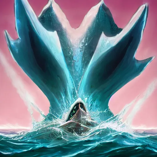 Prompt: d & d fantasy art, a huge human mouth with large flat teeth, large dorsal fins swimming through a dark ocean, pink skin, sinew, concept art, character art, horror