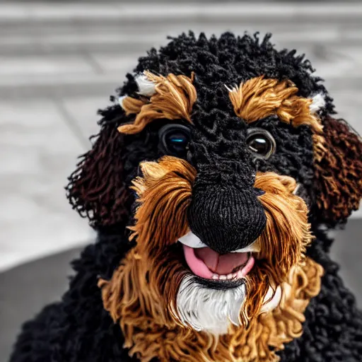 Image similar to a closeup photorealistic photograph of a cute smiling knitted bernedoodle judge dog dressed in a black gown, presiding over the courthouse. indoor image, professional capture, well lit shot. this 4 k hd image is trending on artstation, featured on behance, well - rendered, extra crisp, features intricate detail, epic composition and the style of unreal engine.